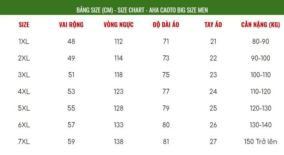 bảng size áo sơ mi tay ngắn big size 2xl 3xl 4xl 5xl